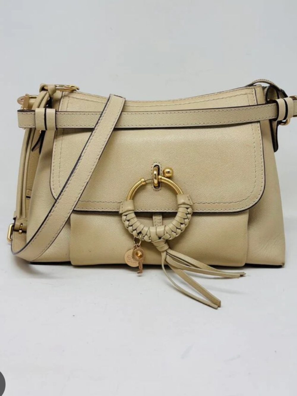 See By Chloe Cream Leather Shoulder Bag with Gold Ring Detail